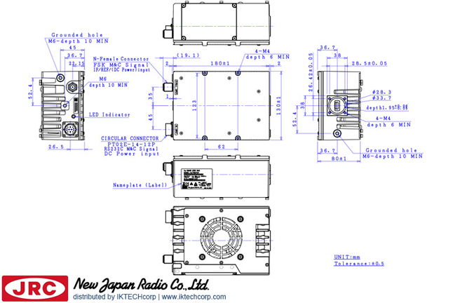 New Japan Radio NJRC NJT8370UNMK 25W Ku-Band (Universal 13.75 to 14.5 GHz) Block Up Converter BUC N-Type Connector Input Mechanical Diagram Drawing